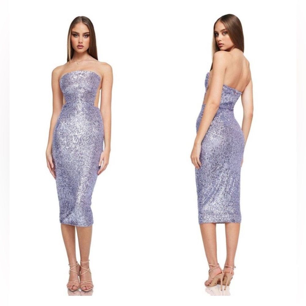 NWT Nookie Lumiere Sequin‎ Strapless Midi Dress in Lilac Purple Sz Small $349